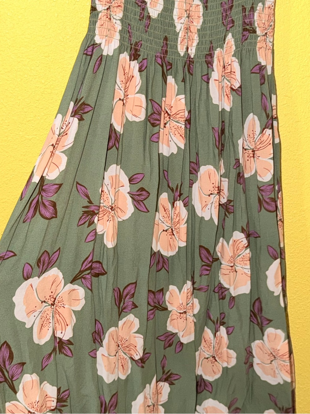 Olive Green Floral Maxi Dress with Puff Sleeves - Picture 6 of 11
